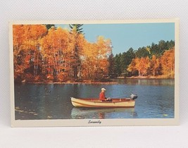 Man Fishing in Boat On Lake Orange Fall Leaves Vintage Postcard Unposted - $9.74