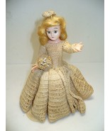 Vintage 8&quot; Porcelain Doll in Woven Dress Blonde Hair Flower Boquet Green... - $12.74