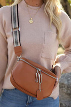 Chestnut Striped Strap Zipper PU Leather Crossbody Bag - £29.25 GBP