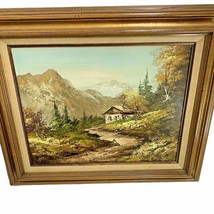 County Mountain Cabin Signed DARLING Landscape 23x27 Oil Painting 1970s Vintage - £99.56 GBP