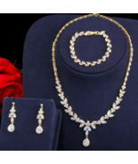 Bridal 3pcs Gold Plated Jewelry Set – Elegant Cubic Zirconia Necklace, Earrings - £27.24 GBP