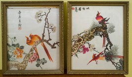 Japanese Art Silk Embroidery Tapestry Colorful Birds Tree Pair Framed hk - $227.69