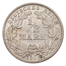1909-D Allemagne 1/2 Mark Pièce Argent Km#17 Choix Hors-Circulation État - $165.27