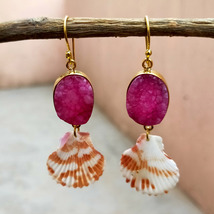 natural sea shell and pink druzy stone earrings, dangle earrings, gold plated wo - £11.79 GBP