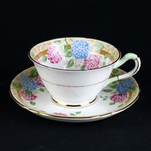 Copelands Pink &amp; Blue Hydrangea Tea Cup and Saucer Set, Vintage c.1910 E... - $20.00