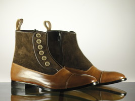 Handmade Men&#39;s Brown Leather Suede Button Side Zipper Boots, Men Designer Boots - £128.67 GBP