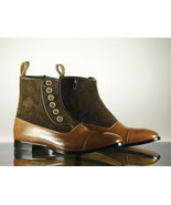 Handmade Men's Brown Leather Suede Button Side Zipper Boots, Men Designer Boots - $159.99