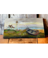 Original Canvas Art Painting Lighthouse Boat Dory Nautical Ocean Landsca... - €118,96 EUR