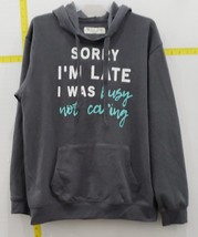 Wound Up Juniors &#39;Busy Not Caring&#39; Graphic Hoodie, Gray Size M(7-9) - $18.80