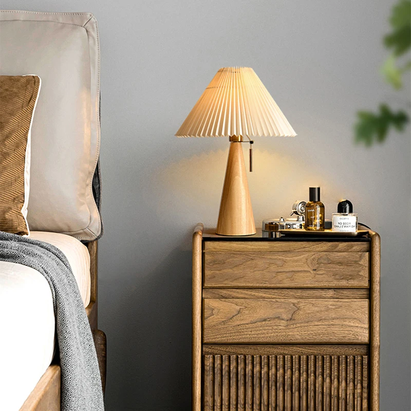 Retro Pleated Table Lamp Nordic Solid Wood Table Lights Study Reading Table - $102.29+