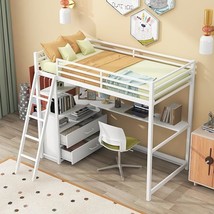 Twin Size High Loft Bed With Desk, Shelves And Two Built-In Storage Drawers, Met - £458.47 GBP