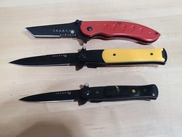 Lot 3x Select Folding 3&quot; &amp; 4&quot; Blade Pocket Knife Yellow Red Black Belt C... - $23.36