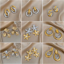 Elegant Two Tone Geometric Flower Earrings for Women Glossy Gold Plated ... - $11.83+