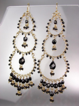 STUNNING Black Onyx Crystal Beads Gold Chandelier Dangle Peruvian Earrings - £23.97 GBP