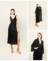 Vintage Valentino Black Slip Satin Dress and Robe Set Burnout Velvet  M/L - £122.66 GBP