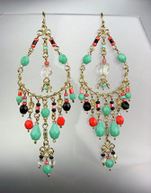 STUNNING Turquoise Multicolor Crystals Gold Chandelier Dangle Peruvian Earrings - £17.32 GBP