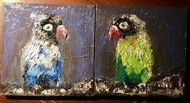 Two love birds original oil painting,diptych oil painting,parrots painting, hand - £27.97 GBP