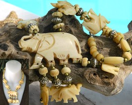 Vintage Elephant Necklace Bone Hand Carved Figural Beads Trunks Up - $39.95