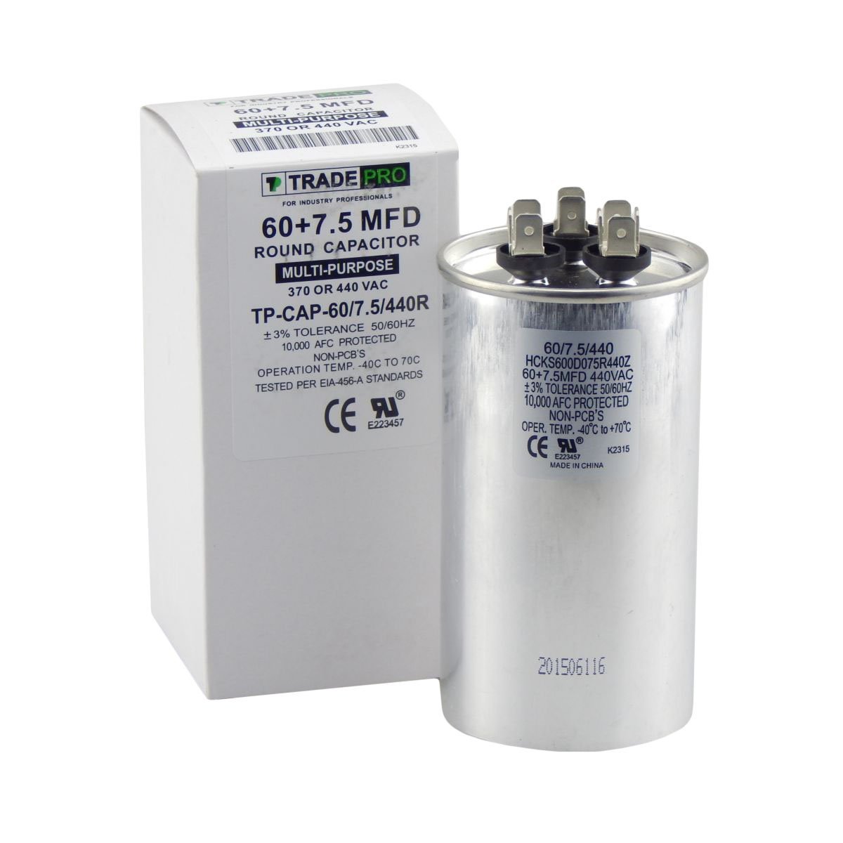 TradePro 60/7.5 MFD 370/440 Volt Round Dual Run Capacitor - $29.35