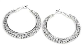 Rhinestone Hoop Pierced Earrings Two Row Silver Rhodium 2 inch - £9.39 GBP