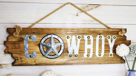 25&quot;L Rustic Metal Western Star Cowboy Sign On Wooden Plank Wall Or Door Plaque - £36.17 GBP