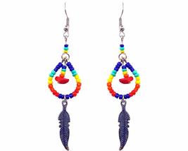 Native American Inspired Teardrop Shaped Seed Beaded Chip Stone Metal Feather Ch - £9.48 GBP