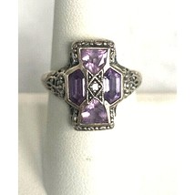 Art Deco Style 925 Sterling Silver Fancy Cut Amethyst And Diamond Ring Size Sky - £66.21 GBP