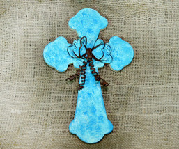 Inspirational Tourqoise Cross with a Rusty Tin Bow - $8.98