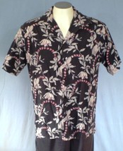Hilo Hattie Large Button Down Hawaiian Shirt Black Red Floral Leaves - £20.03 GBP
