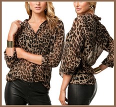 Soft Sheer Chiffon Leopard Blouse Turn Down Collar Long Sleeve Button Down Shirt
