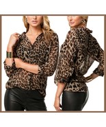Soft Sheer Chiffon Leopard Blouse Turn Down Collar Long Sleeve Button Do... - £31.13 GBP