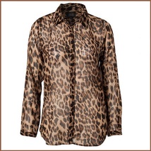 Soft Sheer Chiffon Leopard Blouse Turn Down Collar Long Sleeve Button Down Shirt image 2