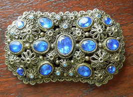 Vintage Filigree Brooch Pin Signed NE (New England Glass Works) Blue Rhinestones - £74.94 GBP