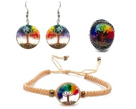 Rainbow Tree of Life Round Dangle Earrings Macramé Pull Tie Bracelet &amp; Ring Matc - £19.16 GBP