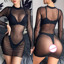 SH Womens Sexy Solid Color Long Sleeve See Through Sheer Nightwear Bodycon Dress - £8.04 GBP