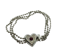 Vintage Metal Bracelet Heart Rhinestone Red Center multi ball Chains Retro 80s - £10.27 GBP