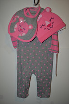 Circo Infant Girls  3 Piece Set Size 3-6 M NWT Pink Gray Hat Bib Jumpsuit - £7.23 GBP