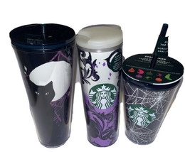 2021 Starbucks Halloween 3 Cup Bundle! Glow In The Dark Spiderweb And Black Cat - £76.98 GBP