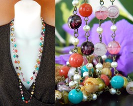 Vintage Glass Beads Pearls Flapper Necklace Multi Color Long Strand - £22.08 GBP