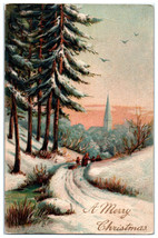 Postcard Embossed Merry Christmas Family Walking Winter Scene Pine Trees... - £5.53 GBP