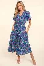 Haptics Printed Notched Short Sleeve Dress with Pockets - £52.13 GBP