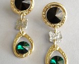 Emerald Green Black Crystal Earrings Gold Silver Unique Clip-on Dangle 