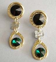 Emerald Green Black Crystal Earrings Gold Silver Unique Clip-on Dangle  - £117.16 GBP