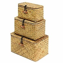 Shelf Baskets with Lid Set of 3 Handwoven Seagrass Storage Box Wicker  (S/M/L) - £27.82 GBP