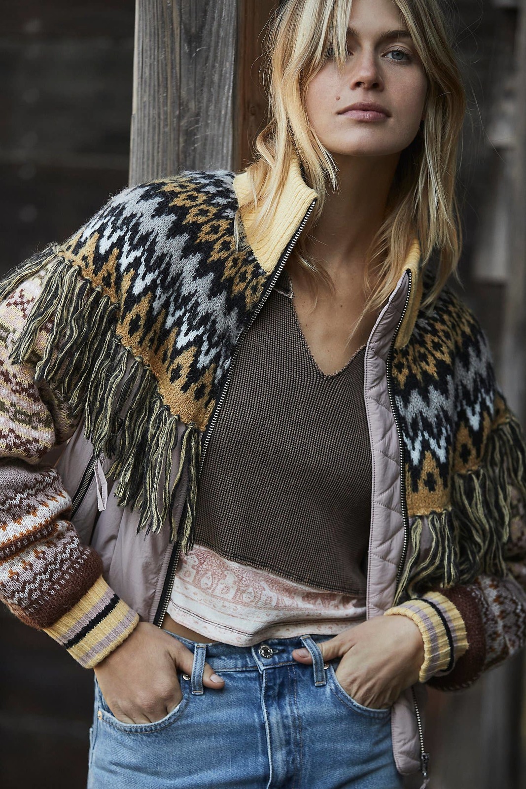 Primary image for New Free People Riley Swit Bomber Jacket $228 SMALL Lavender Knit Print Fringed