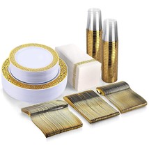 350 Piece Gold Dinnerware Set,50 Guest Gold Lace Design Plastic Plates,50 Gold P - £73.76 GBP