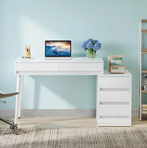 Modern White Glossy Desk: 5 Drawers, Printer Stand, Reversible Small Space - $4,649.06 MXN