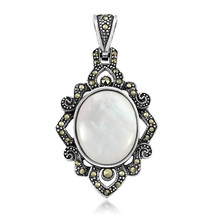 Oval White MOP Vintage Style Marcasite .925 Silver Pendant - £33.75 GBP