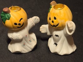 Vintage Ghost Pumpkins Candle Holder Figurines - Halloween Jack-O-Lanter... - £9.15 GBP