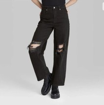 Women&#39;s Distressed Baggy Jeans Highest Rise Black Denim Size 4 / 27 Wild Fable - £10.99 GBP